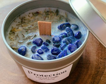 Protection Crystal Candle Embedded with Sage & Lapis Lazuri | Positive Energy | Gift Option | 4oz or 8oz Soy Wax | Intention Candle