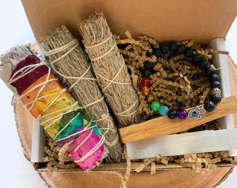 7 Chakra Balancing & Home Cleansing Sage Bundle Set | Energy Clearing Positive Intentions | Selenite Palo Santo Wood 7 Chakra Bracelet Gift