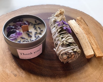 Thank You Gift Crystal Candle and Sage Set | Amethyst Crystal Candle | Appreciation Gift | Corporate Gift For Employees and Boss | Gratitude