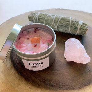 Love Intention Crystal Candle | Sage Bundle | Rose Quartz | Valentines Day Gift | Bridal Party Favor Gift | Twin Flame Love Candle
