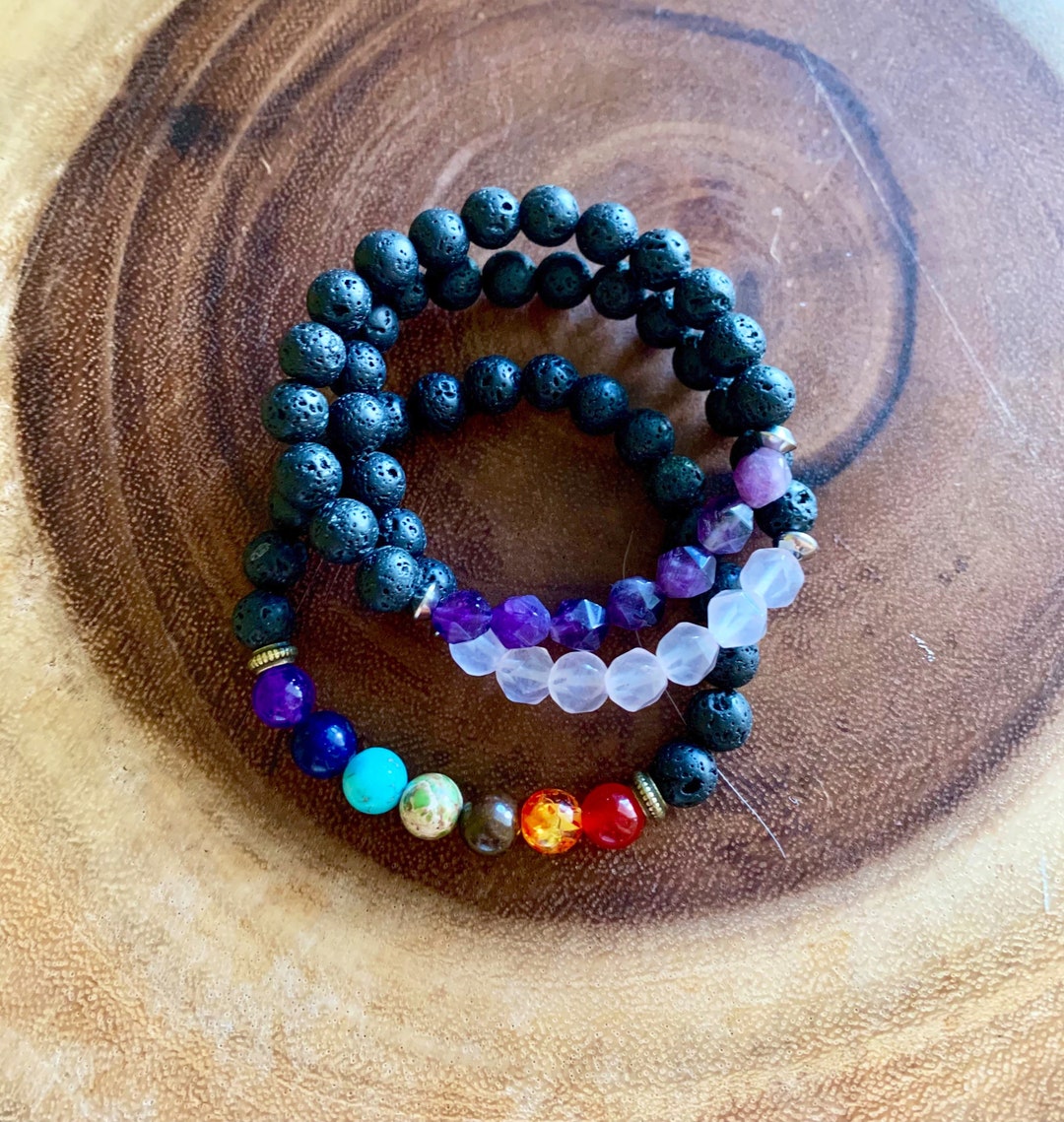 Beaded Chakra Bracelets Set of 3 Volcanic Lava Beads Rose Quartz M
