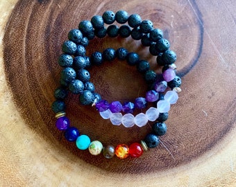 Beaded Chakra Bracelets Set of 3 | Volcanic Lava Beads | Rose Quartz M | Amethyst | Gift For Her | Essential Oil Bracelet | 7 Chakra Healing