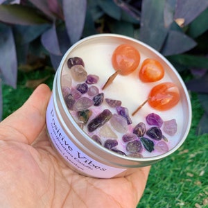 Positive Energy Crystal Candle | Carnelian and Amethyst Crystals Manifestation Candle | 8oz Soy Wax Good Vibes Only Candle