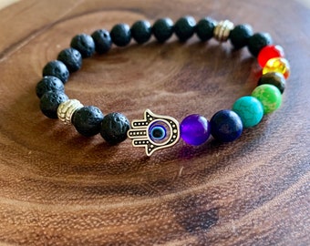 Volcanic Lava Bead 7 Chakra Balancing Hamsa Evil Eye Protection Bracelet | Chakra Healing Beaded Bracelet | Unisex Relaxation Spiritual Gift