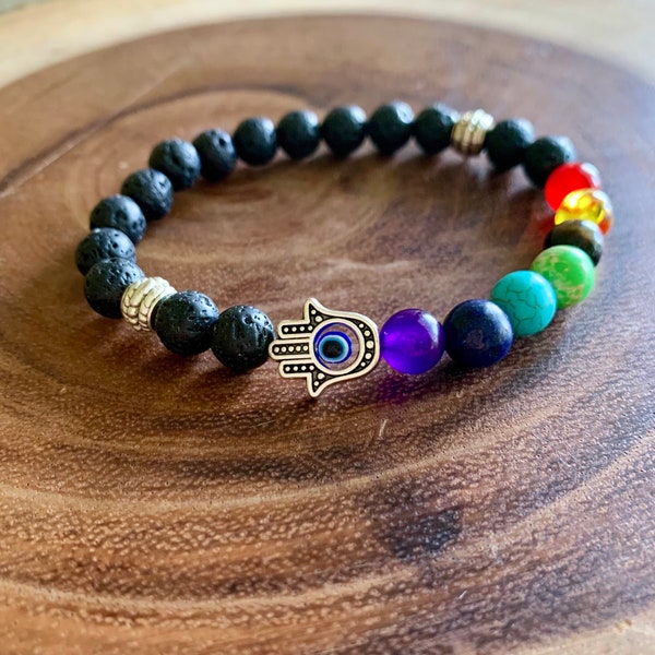 Volcanic Lava Bead 7 Chakra Balancing Hamsa Evil Eye Protection Bracelet | Chakra Healing Beaded Bracelet | Unisex Relaxation Spiritual Gift