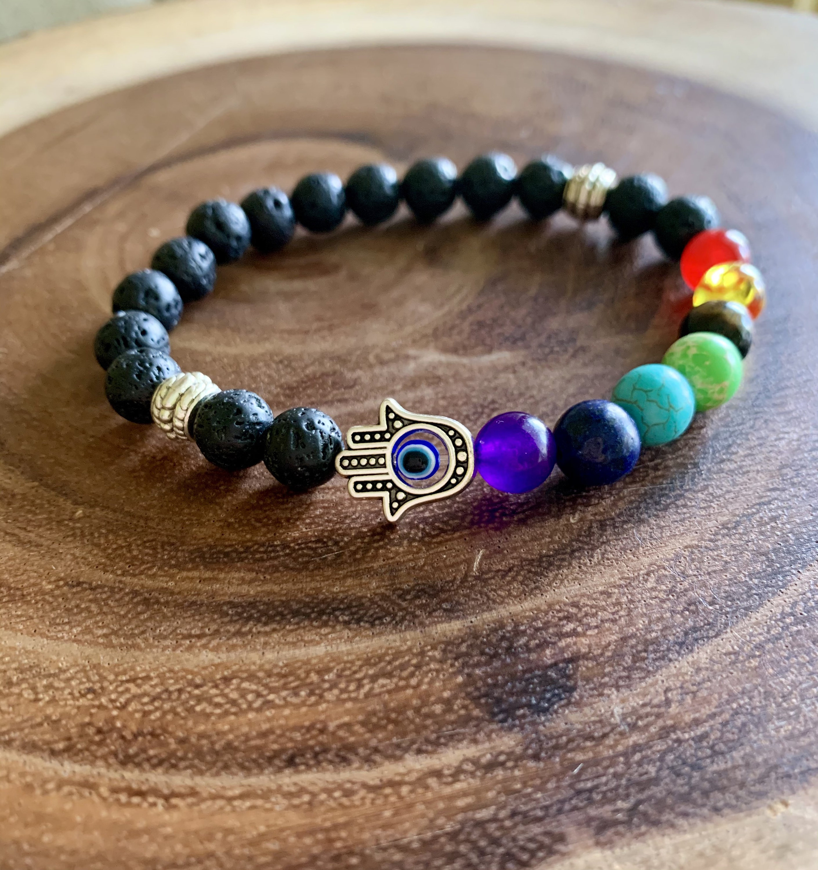 Volcanic Lava Bead 7 Chakra Balancing Hamsa Evil Eye Protection Bracelet | Chakra Healing Beaded Bracelet | Unisex Relaxation Spiritual Gift