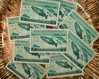 10 Vintage Wildlife Conservation King Salmon Unused Stamps - Scott #1079 - From 1956 - Vintage - USPS - 3 Cents - Postage