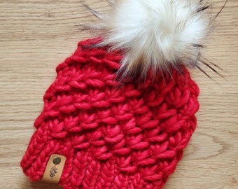 Women's Red Merino Wool Hat with Pom, Women’s Luxury Chunky Knit Beanie with Pom, Hand Knit Hat, Sustainable, Gift for Her