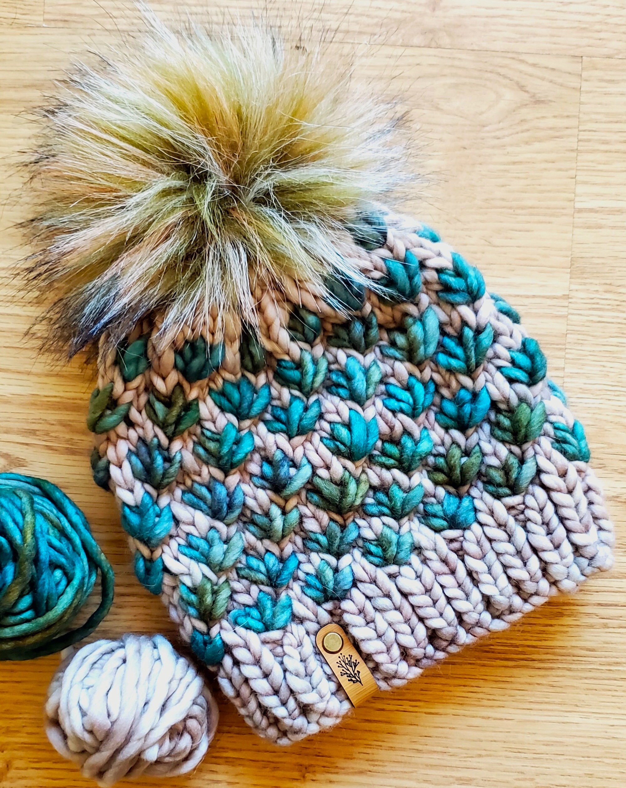 Beige and Green Lotus Flower Beanie with Faux Fur Pom, Women’s Luxury Merino Wool Pom Beanie, Hand Knit Hat, Gift for Her, Sustainable