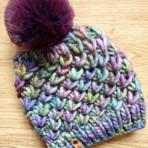 Hand Knit Variegated Merino Wool Beanie with Pom - Sustainable Luxury