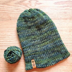 May include: A green and blue knitted beanie with a leather tag featuring a small tree design.