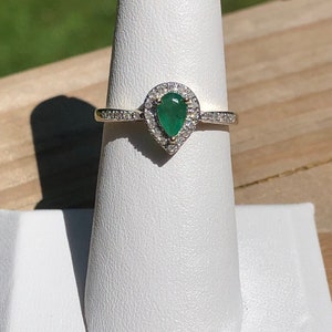NEW 10kt yellow gold pear shape emerald and diamond halo ring