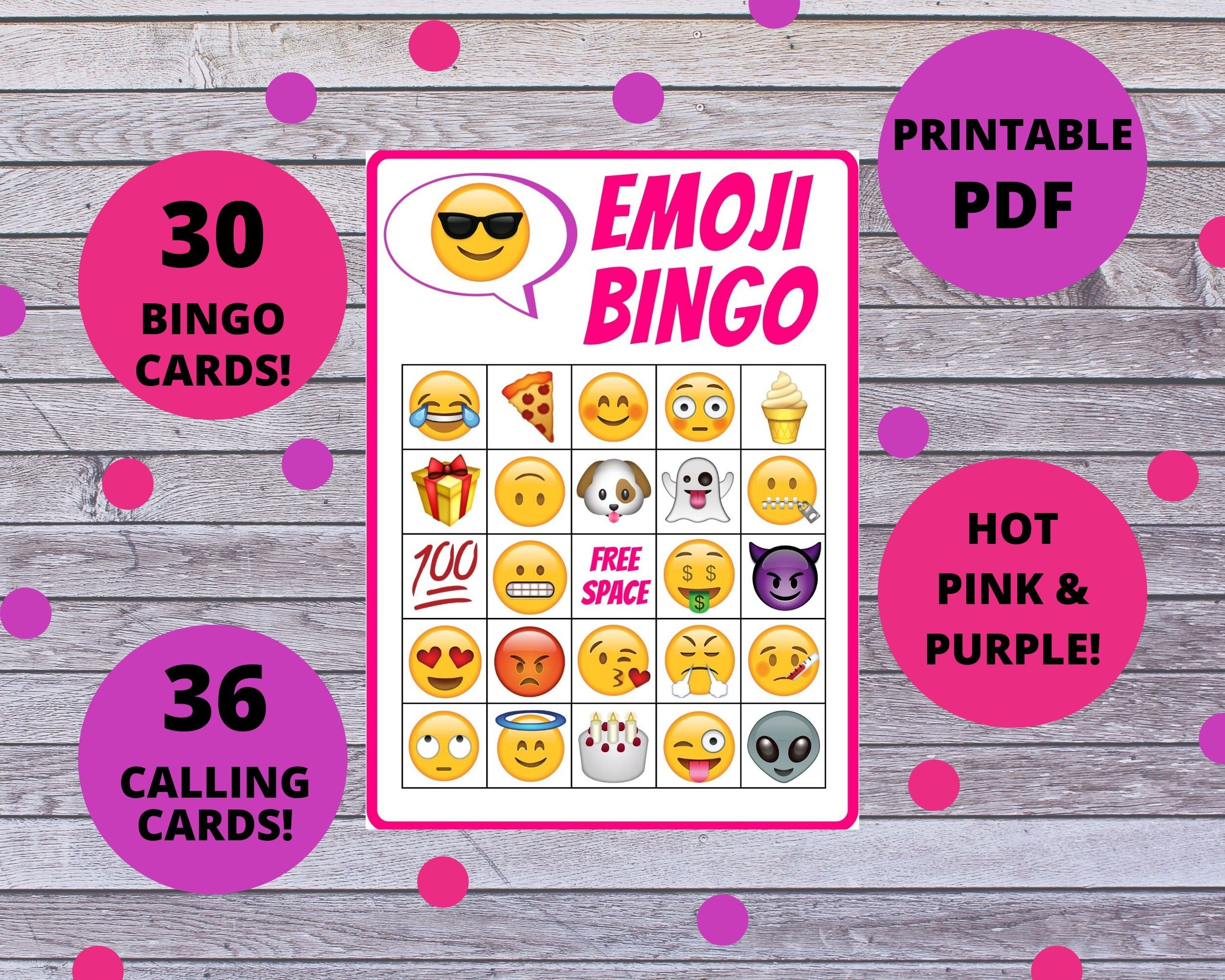 Emoji Bingo 30 Cards Pink & Purple Emoji Birthday Party Game Kids