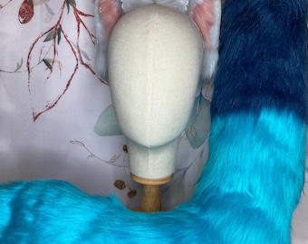 Spirit Blossom Ahri Cosplay Set Handpainted Fox Ears 90cm Poseable Tail – League of Legends Inspired – Faux Fur Blue Pink Fox Ears and Tail