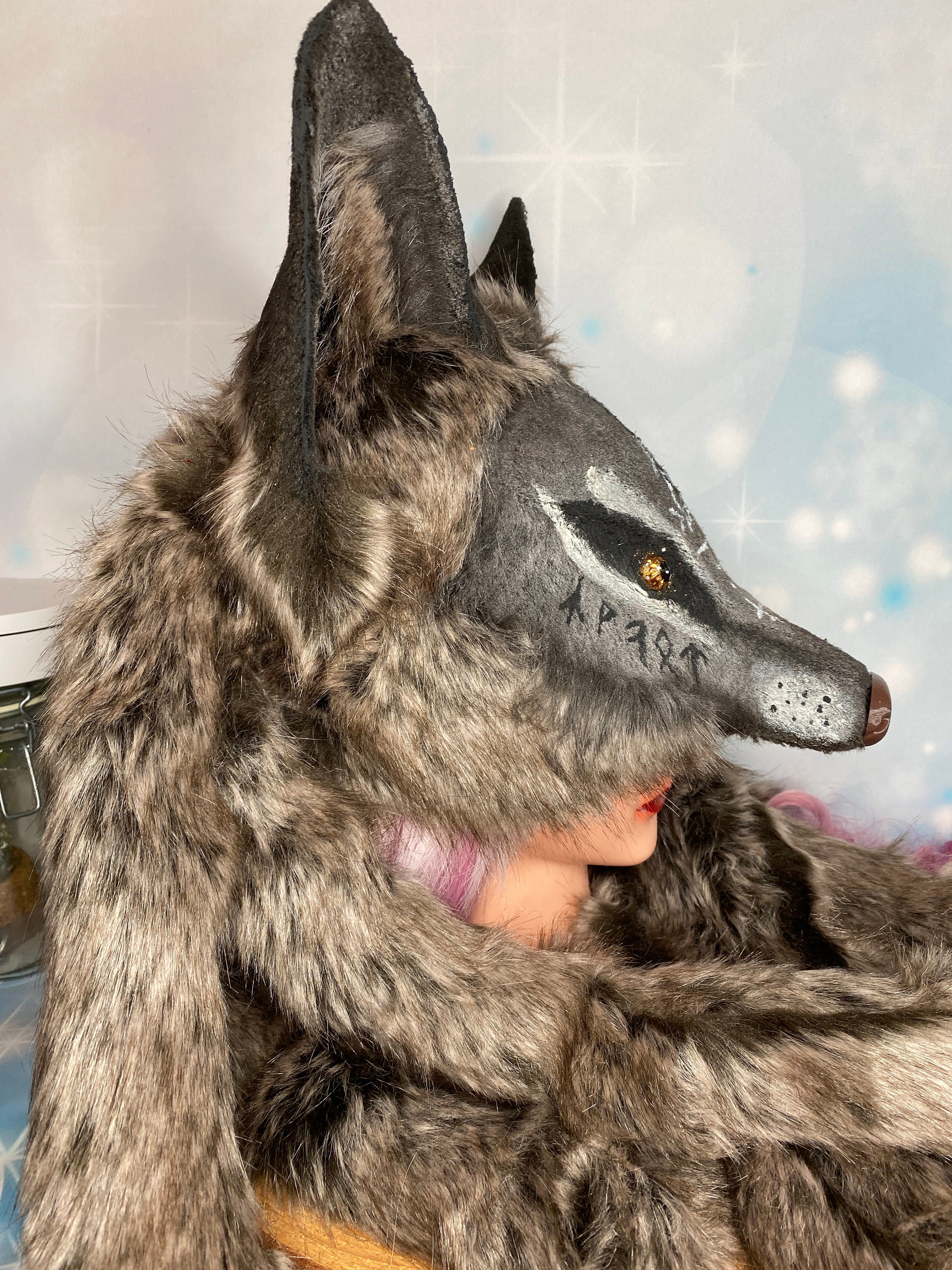 Wolf Mask Brown Wolf With Runes Painting for Larp Cosplay Medieval
