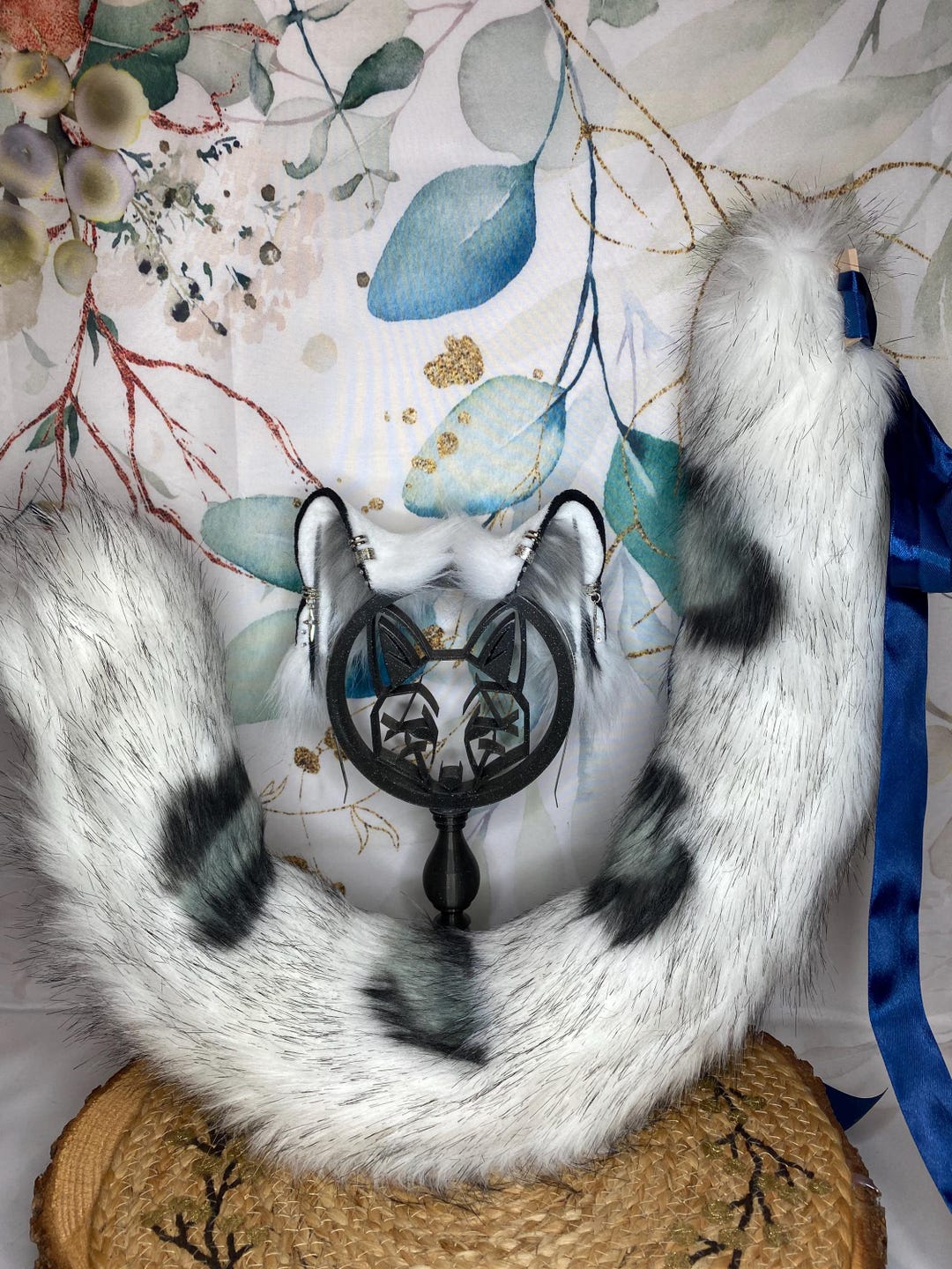 Snow Leopard Set of Cat Ears and Tail Handmade From Faux Fur for