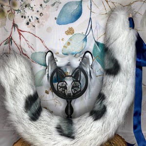 Snow leopard set of cat ears and tail handmade from faux fur for cosplay, therians, furry wearable as a headband
