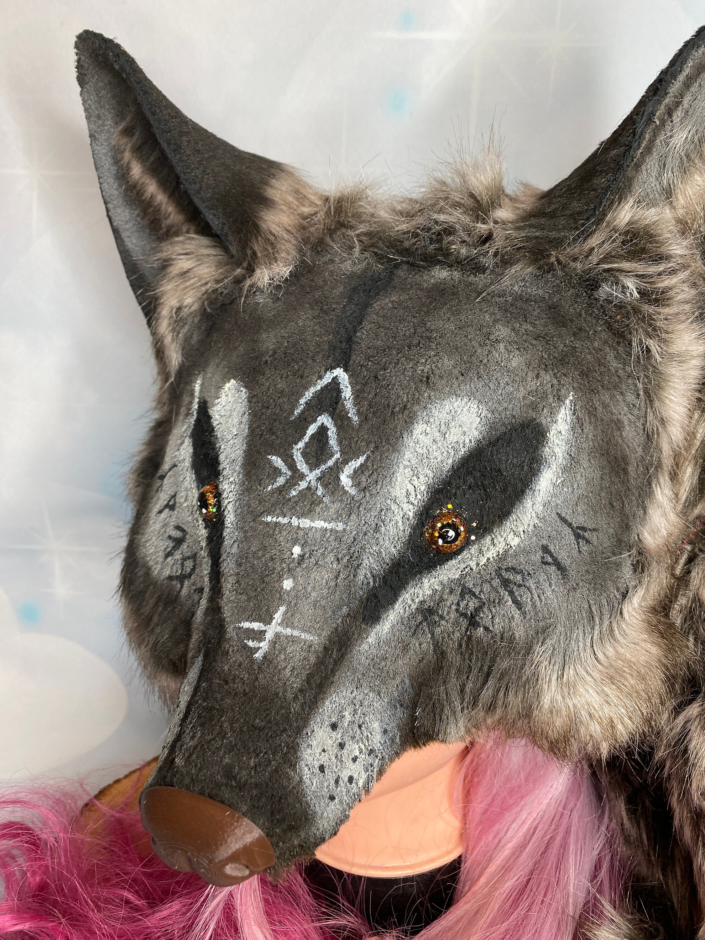 Wolf Mask Brown Wolf With Runes Painting for Larp Cosplay Medieval