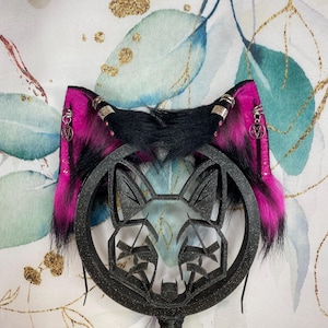 Pink Gothic pentagram cat ears made of faux fur for cosplay, streamers, therians, furries, wearable as a headband