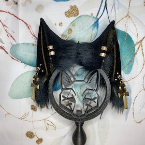 Black Anubis fox ears made of faux fur for cosplay, streamers, therians, furries, wearable as a headband