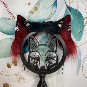 Gothic witch cat ears made of faux fur for cosplay, streamers, therians, furries, petplay, roleplay, fursuit ears wearable as a headband