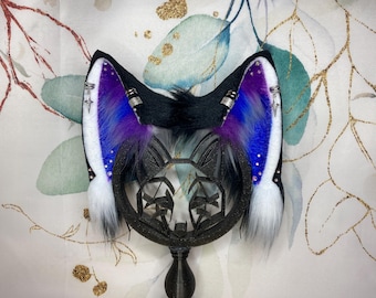 Handmade Fox Ears Headband | Step into the Galaxy | Purple Blue Galaxy Gradient | Faux Fur Cosplay | Furry Fox Ears | Streamer Accessory