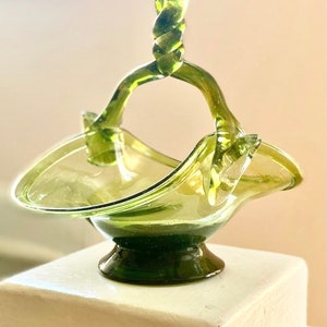 Vintage Green Blown Art Glass Basket with Twist Top