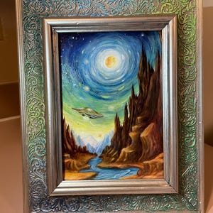 UFO fantasy planet landscape, Acrylic Paint, Original Art, Framed Art