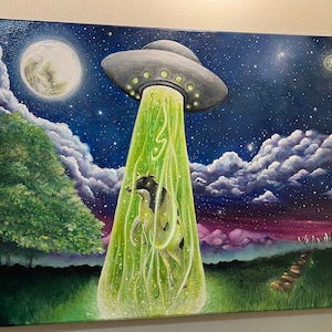 Ufo Cow Abduction - Acrylic Painting - Sci-fi Decor