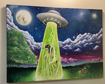 Original UFO Outer Space Alien Abduction Artwork Painting, Hand-painted ...