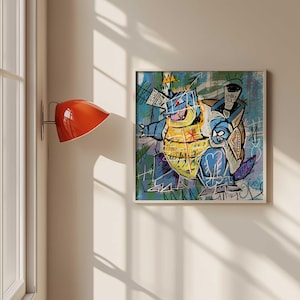 May include: Abstract art print featuring a blue and yellow cartoon character with a crown, shield, and scribbled details. The artwork is framed and mounted on a wall next to an orange wall lamp.