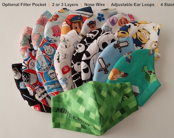 Character Print Face Mask with Nose Wire, Adjustable Straps, Handmade in Canada