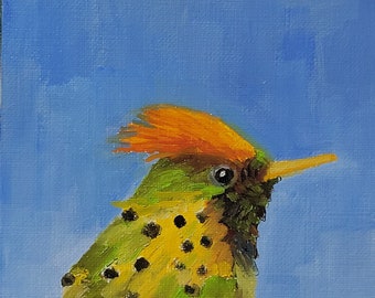 Tufted Coquette Hummingbird, Original Bird Oil Painting on Paper, 4 x 6 In Unframed