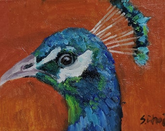 Ritratto di pavone, dipinto ad olio originale di uccelli, 4x6 pollici, senza cornice