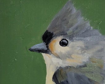 Tufted Titmouse, Original Bird Oil Painting on Paper, 4x4 inch, Unframed
