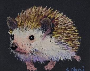 Hedgehog-1, Original Pastel Painting, 4x4 Inches, Framed