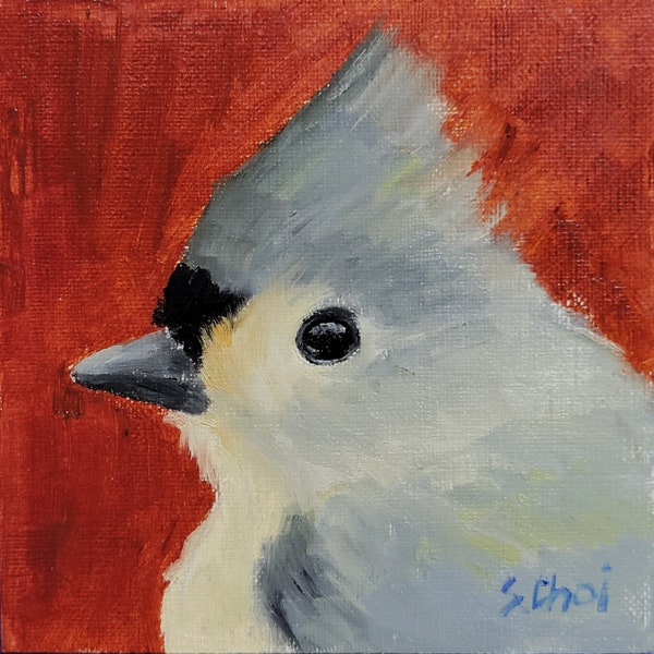 Tufted Titmouse, Original Bird Oil Painting on Paper, 4x4 inches, Unframed