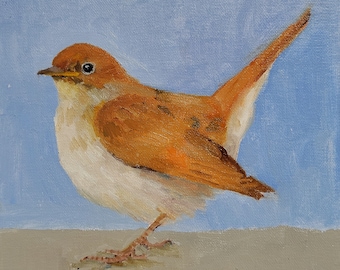 Common Nightingale, Oil Bird Painting, 6x6 inches, Unframed