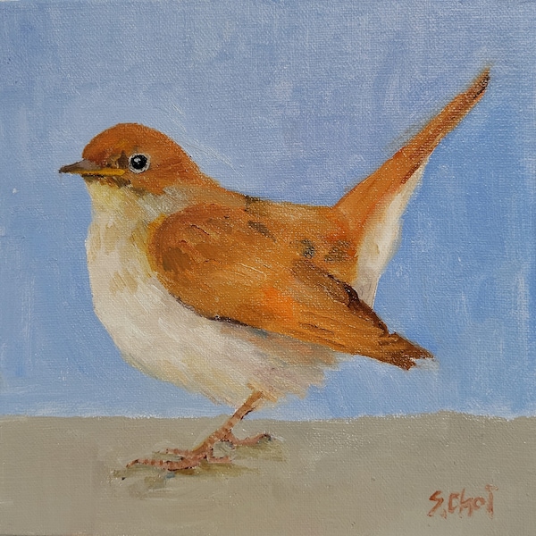 Rossignol commun, peinture d'oiseau à l'huile, 15 x 15 cm, sans cadre
