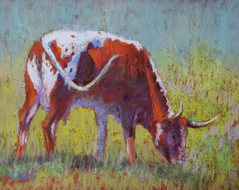 Texas Longhorn, Cow, Original Pastel Painting, 8x10 inches