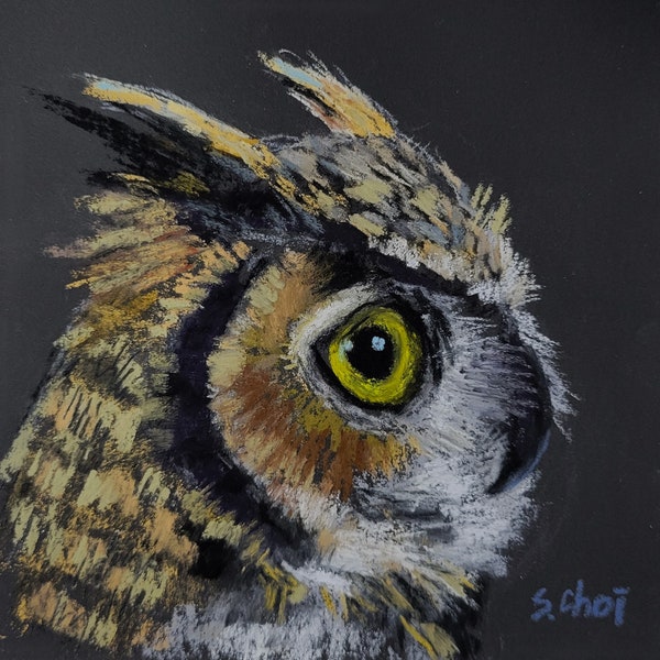 Great Horned Owl, Original Pastel Bird Painting, 5x5 inches, Print