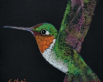 Hummingbird, Original Pastel Bird Painting, 5x5 inches, Framed