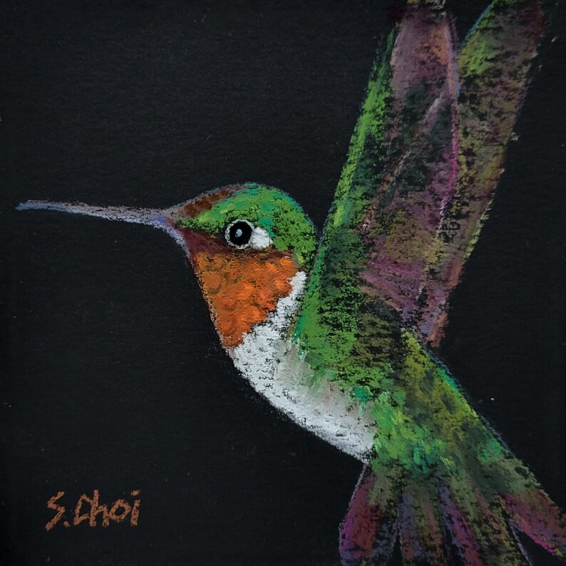 Hummingbird, Original Pastel Bird Painting, 5x5 inches, Framed image 1