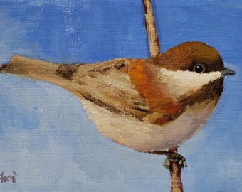 Chestnut-backed Chickadee, Original Bird Oil Painting on Paper, 4 x 6 In Unframed