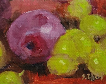 ACEO, Plum and Green Grapes, Original Fruit Oil Painting, 2.5 x 3.5 In