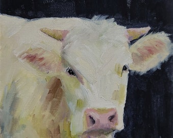 White Cow, Original Animal Oil Painting on Paper, 5x5 inch, Unframed
