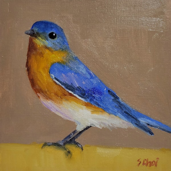 Eastern Bluebird, Original Bird Oil Painting on Paper, 5x5 inch, Unframed