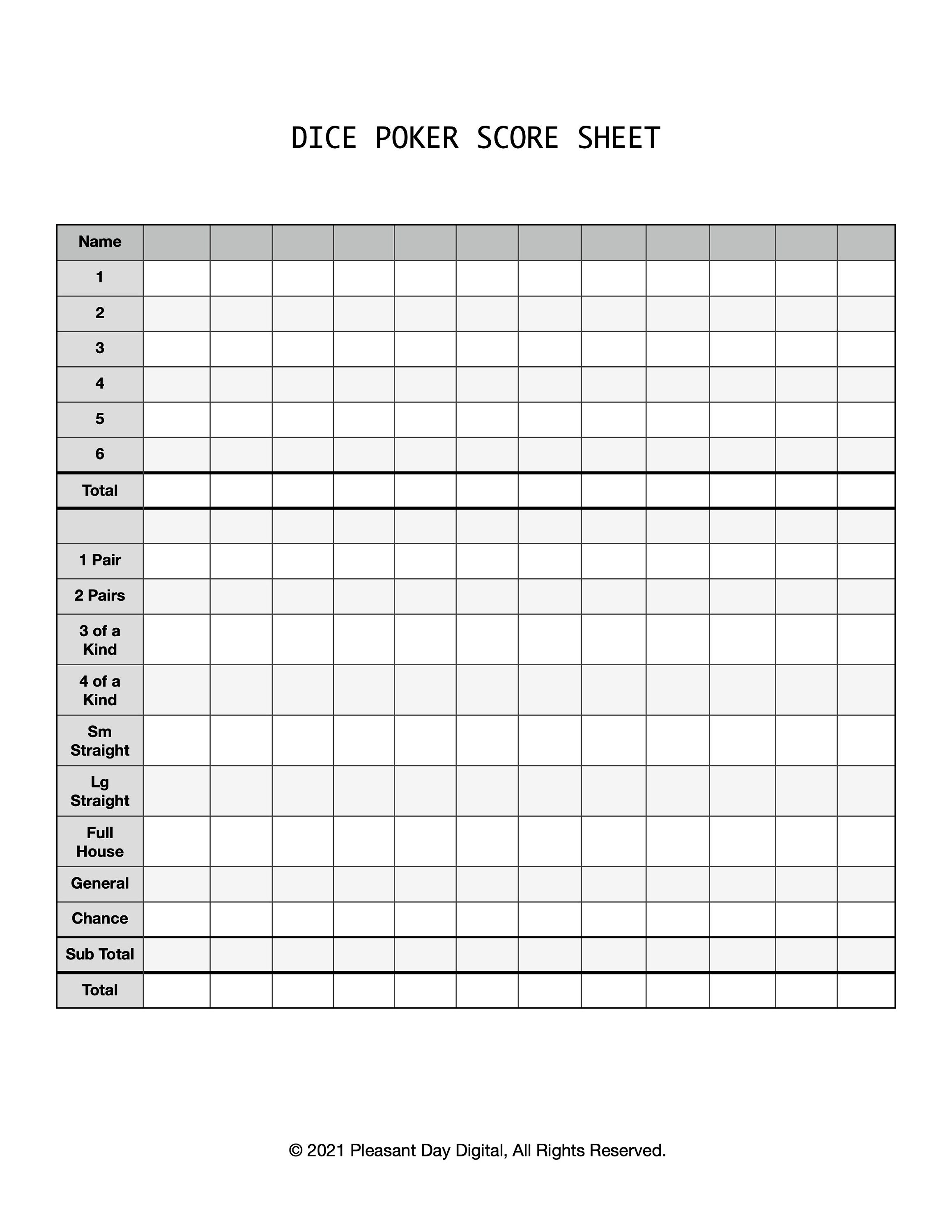 No More Boring Evenings Dice Poker Score Sheet Similar To Yahtzee