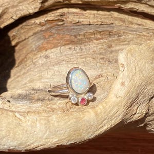 Solid Australian Coober Pedy opal ring. Glittery sterling silver opal crown ring.