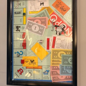 May include: Framed Monopoly board game art. The board is displayed with game pieces, including money, dice, and property cards. The frame is black, and the background is a light blue color.